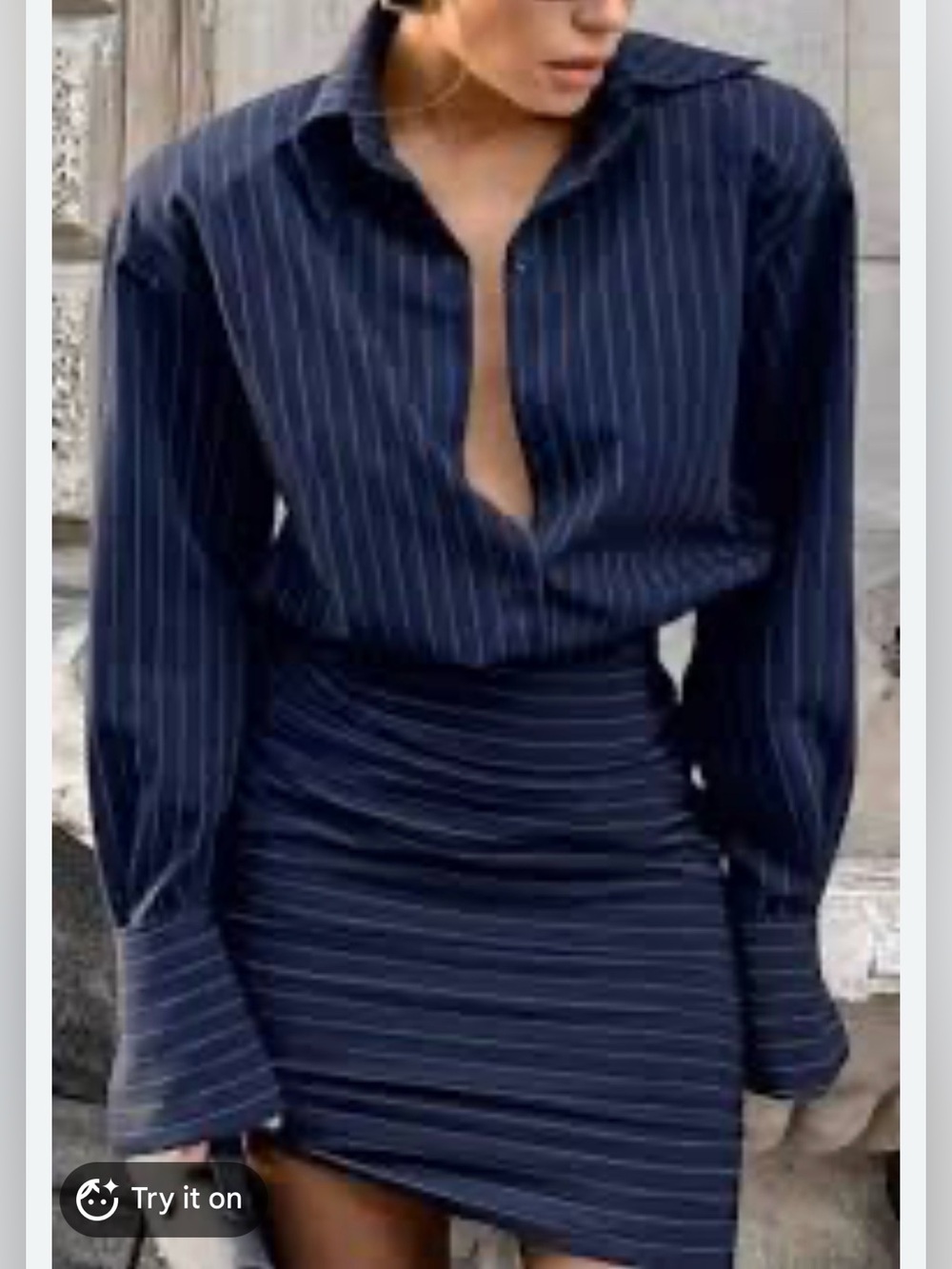 MICAS Navy Pinstripe Button-Up Dress